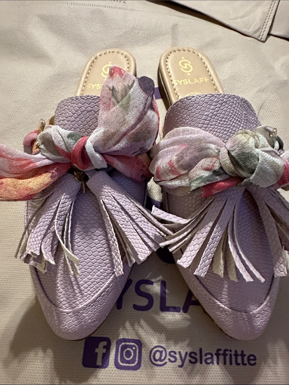 Lilac Tassel Slide Mules with Floral Scarf Accent